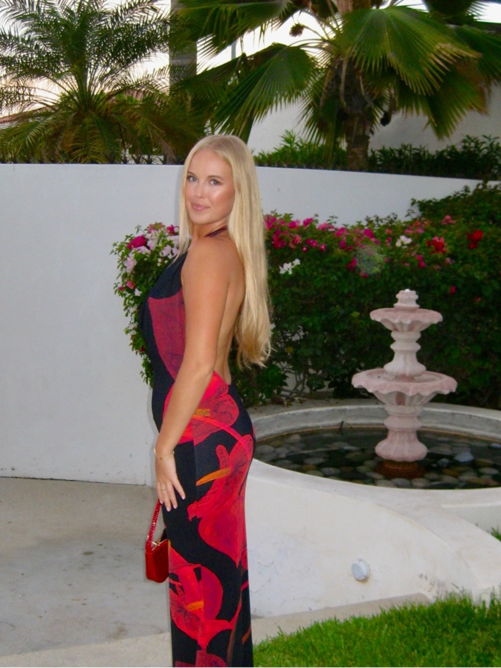 White Fox Black Maxi Dress with Red Floral Print